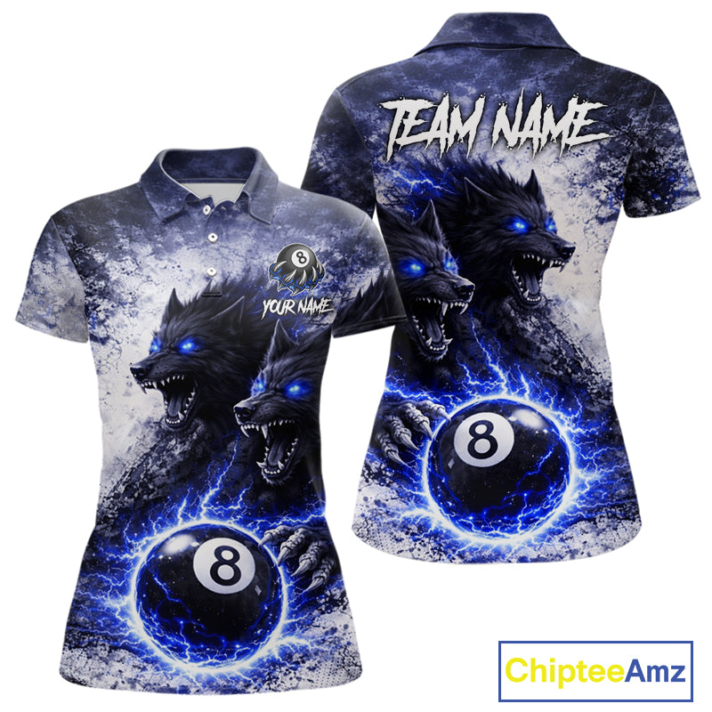 Grey & Blue Grunge Wolfs Claws Thunder 8 Ball Pool Women Billiard Shirt Custom Billiard Team Attire NYN2640