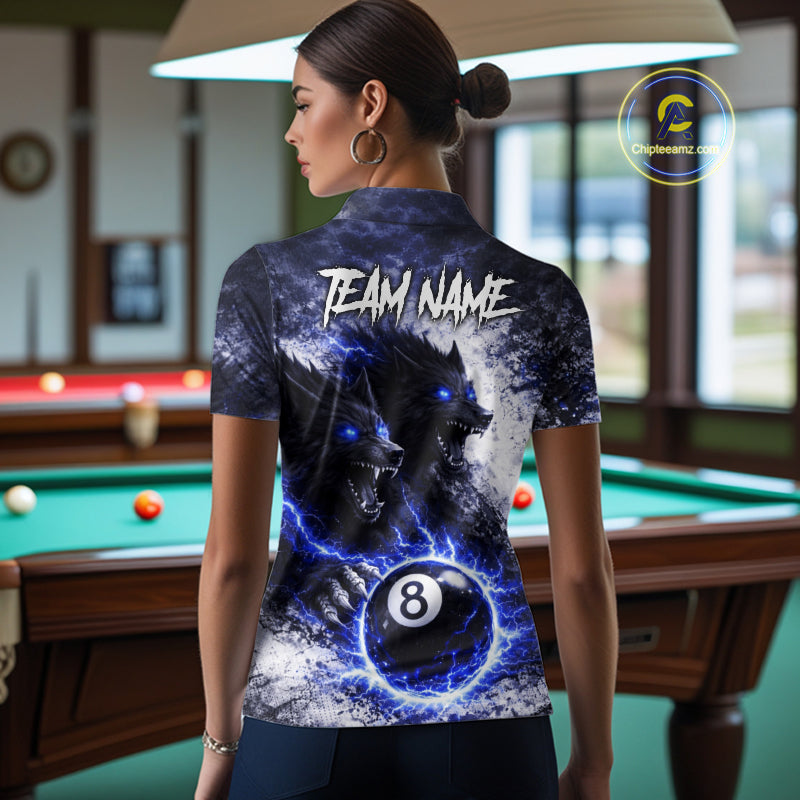 Grey & Blue Grunge Wolfs Claws Thunder 8 Ball Pool Women Billiard Shirt Custom Billiard Team Attire NYN2640