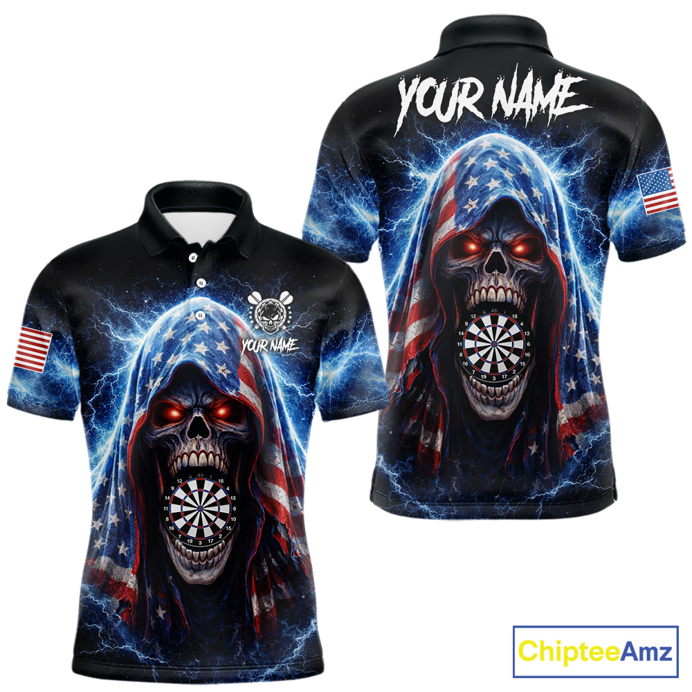 American Flag Thunder Grim Reaper Dartboard Men Darts Polo Shirt Custom Patriotic Dart League Shirt NYN2641