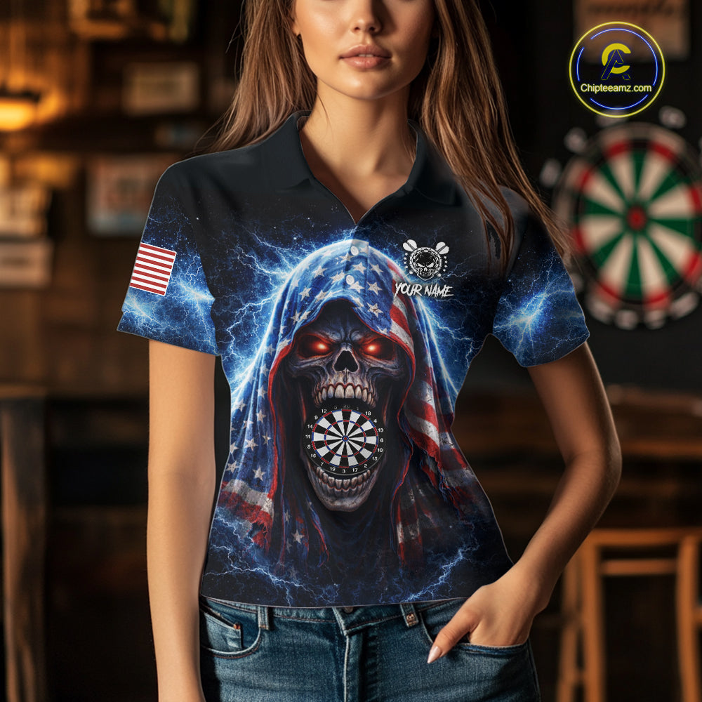 American Flag Thunder Grim Reaper Dartboard Women Darts Polo Shirt Custom Patriotic Dart League Shirt NYN2641