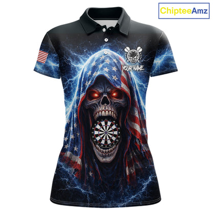 American Flag Thunder Grim Reaper Dartboard Women Darts Polo Shirt Custom Patriotic Dart League Shirt NYN2641