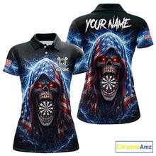 Load image into Gallery viewer, American Flag Thunder Grim Reaper Dartboard Women Darts Polo Shirt Custom Patriotic Dart League Shirt NYN2641
