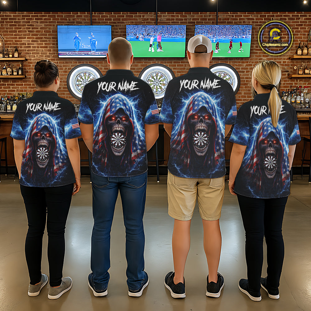 American Flag Thunder Grim Reaper Dartboard Men Darts Polo Shirt Custom Patriotic Dart League Shirt NYN2641