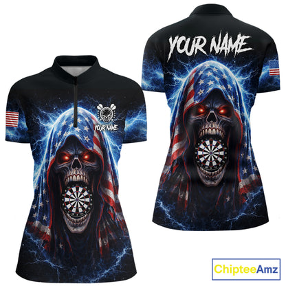 American Flag Thunder Grim Reaper Dartboard Women Darts 1/4-Zip Shirt Custom Patriotic Dart League Shirt NYN2641