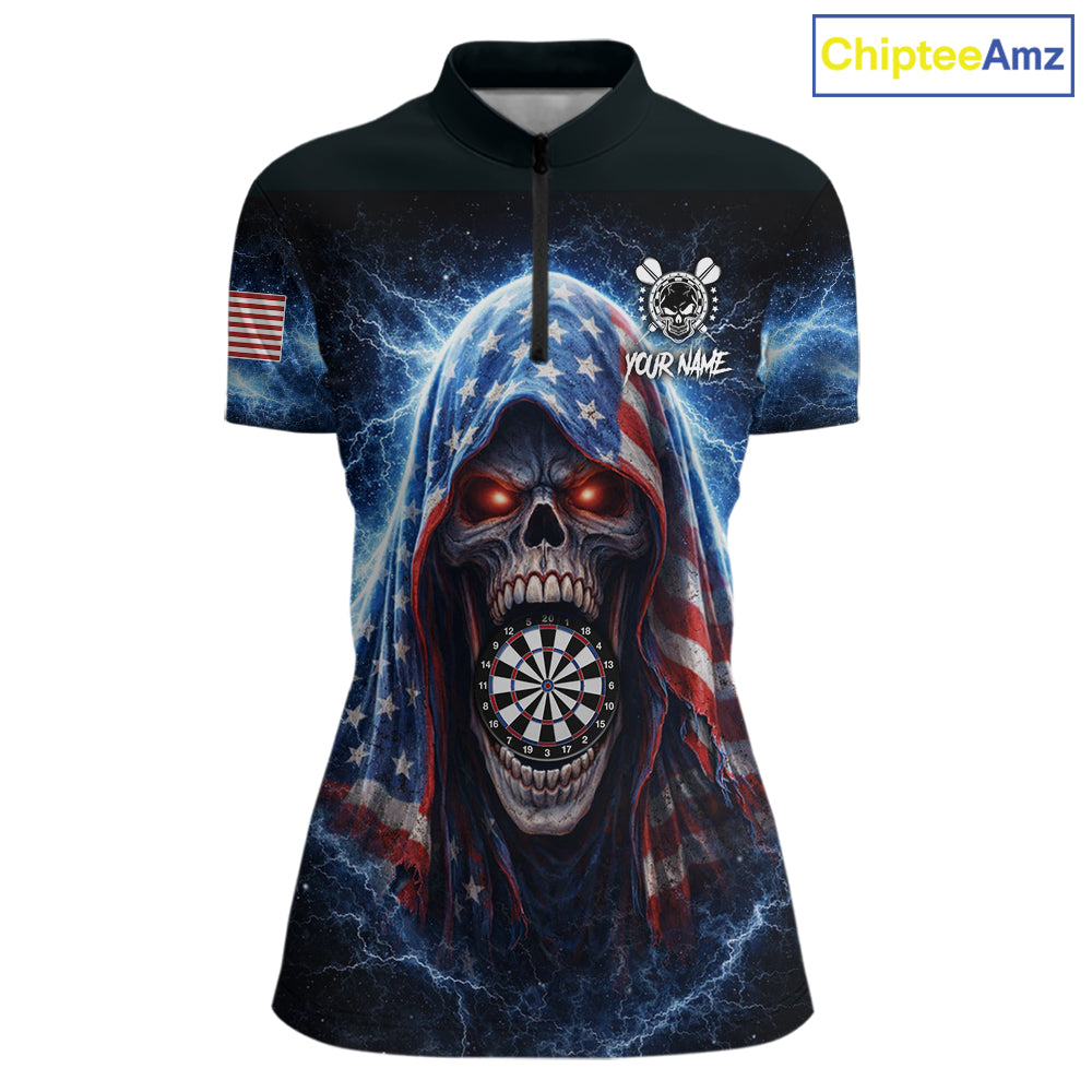 American Flag Thunder Grim Reaper Dartboard Women Darts 1/4-Zip Shirt Custom Patriotic Dart League Shirt NYN2641