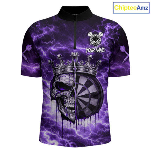 Thunder Purple Cracked Crown Skull Dartboard Men Darts 1/4-Zip Shirt Custom Dart League Shirt NYN2645