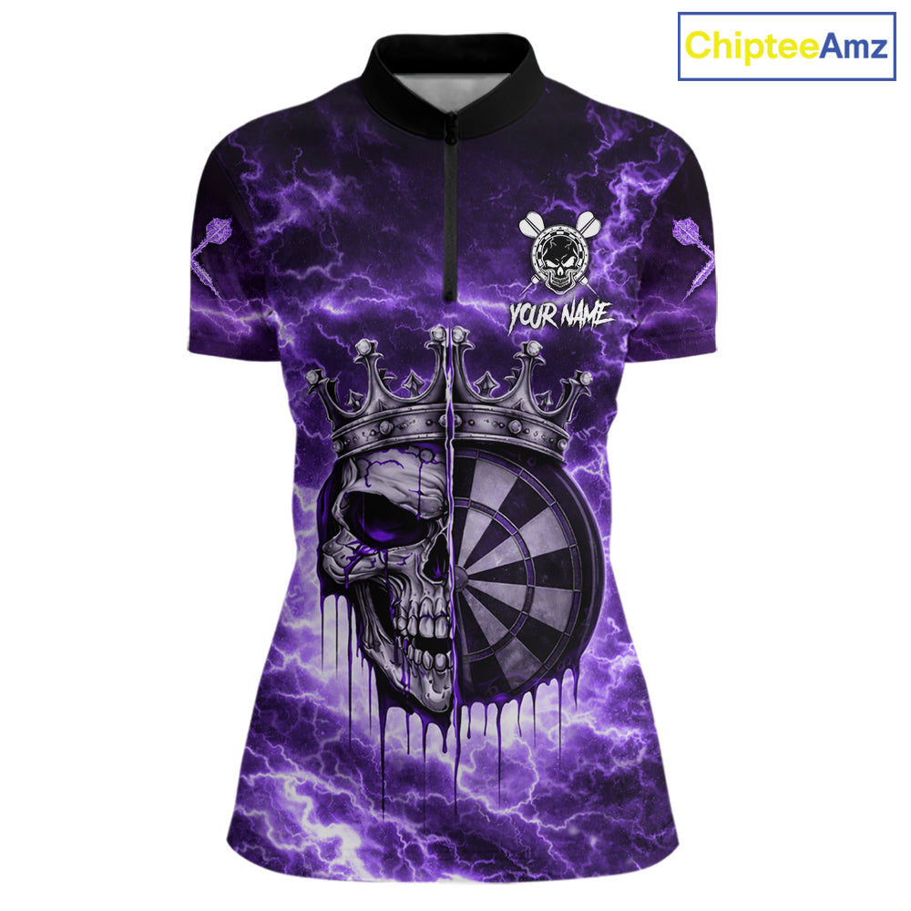 Thunder Purple Cracked Crown Skull Dartboard Women Darts 1/4-Zip Shirt Custom Dart League Shirt NYN2645
