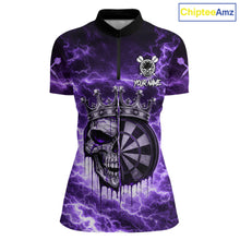 Load image into Gallery viewer, Thunder Purple Cracked Crown Skull Dartboard Women Darts 1/4-Zip Shirt Custom Dart League Shirt NYN2645