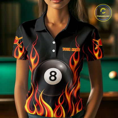 Personalized 8 Ball Fire Flame Pool Billiard Polo & 1/4 Zip For Women Custom Flame Billiard Team Attire NYN3013