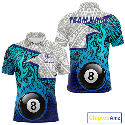 Billiards Pool Player White Blue Tribal Polo Quater-Zip Shirts For Men, Custom Billiard Team Jerseys NYN3015