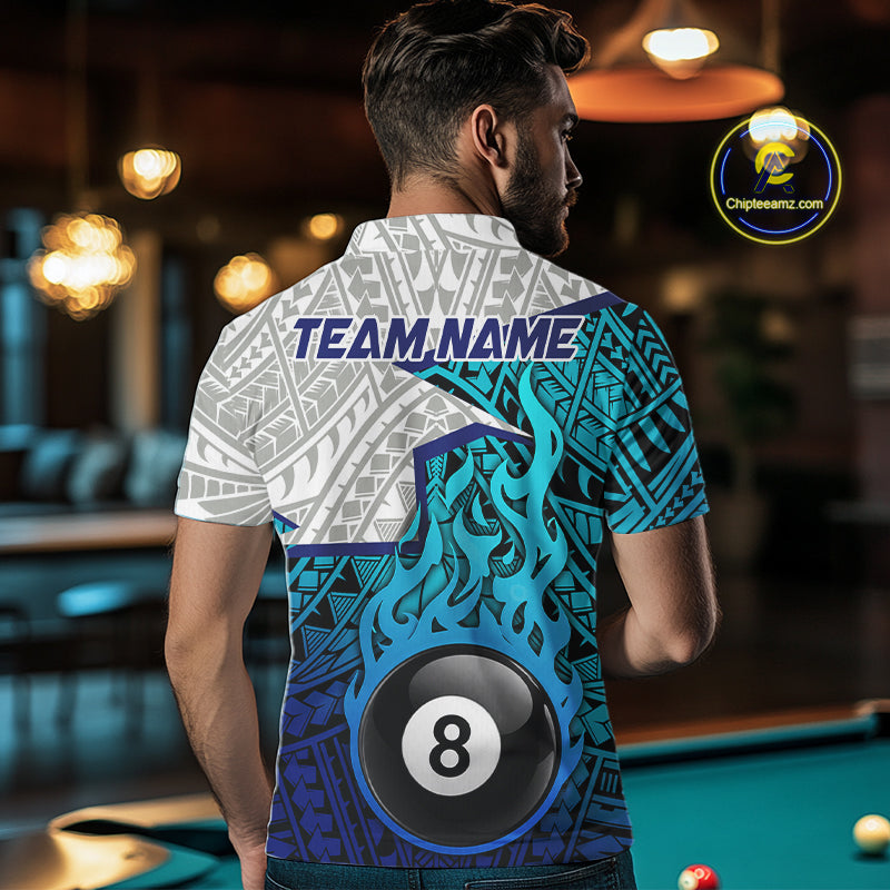 Billiards Pool Player White Blue Tribal Polo Quater-Zip Shirts For Men, Custom Billiard Team Jerseys NYN3015