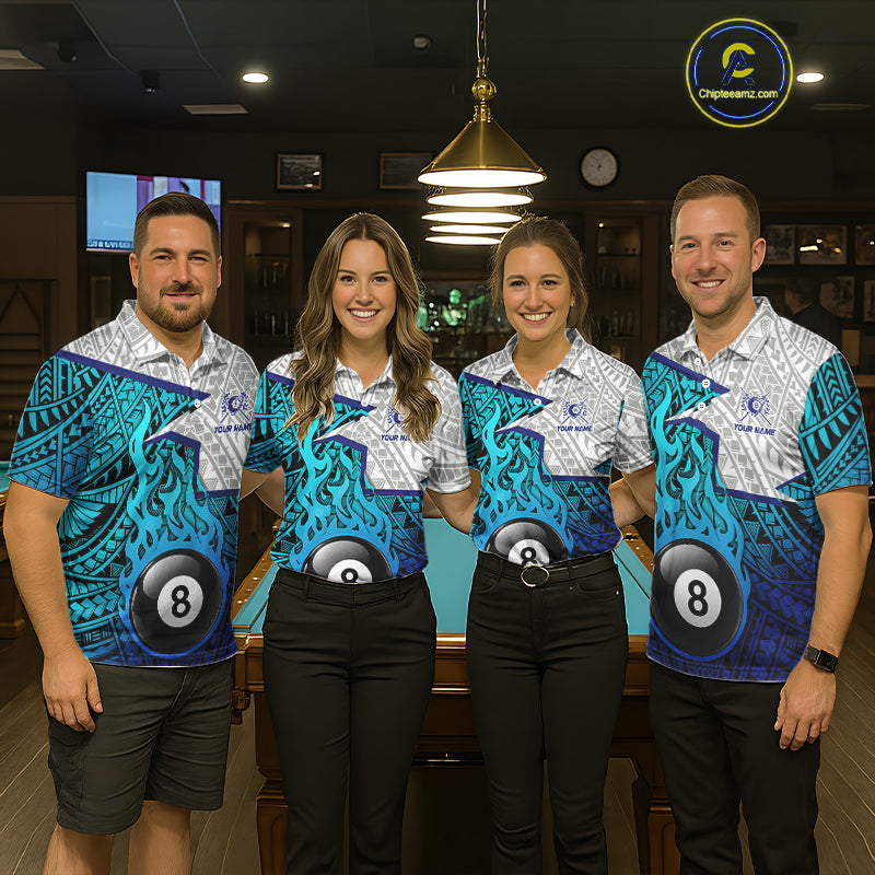 Billiards Pool Player White Blue Tribal Polo Quater-Zip Shirts For Men, Custom Billiard Team Jerseys NYN3015