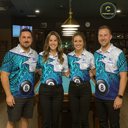 Billiards Pool Player White Blue Tribal Polo Quater-Zip Shirts For Men, Custom Billiard Team Jerseys NYN3015