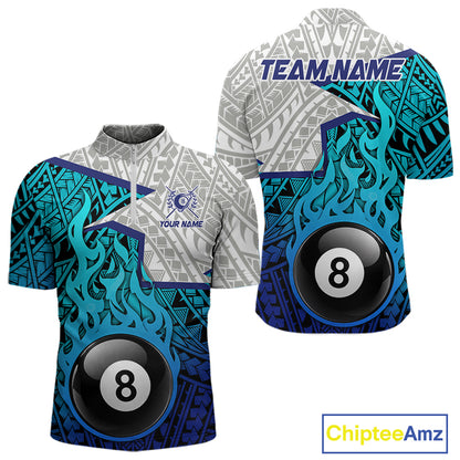 Billiards Pool Player White Blue Tribal Polo Quater-Zip Shirts For Men, Custom Billiard Team Jerseys NYN3015
