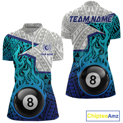 Billiards Pool Player White Blue Tribal Polo Quater-Zip Shirts For Women, Custom Billiard Team Jerseys NYN3015