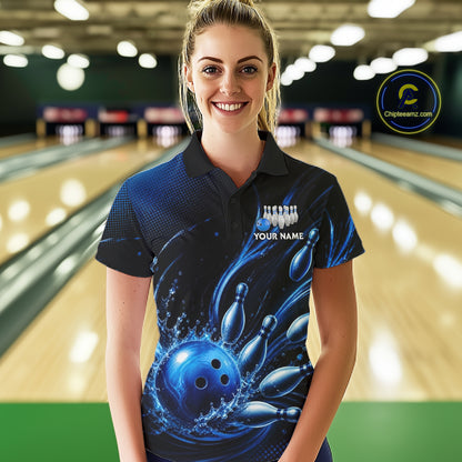 Blue Watering Bowling Ball & Pins Jerseys For Women Custom Splatter Bowling Shirt Team Attire NYN3181