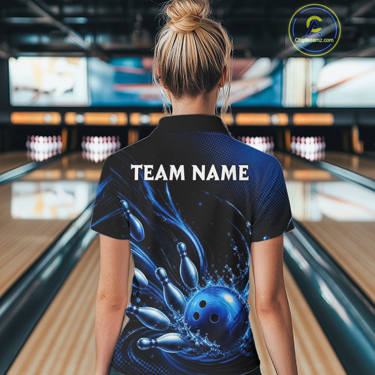 Blue Watering Bowling Ball & Pins Jerseys For Women Custom Splatter Bowling Shirt Team Attire NYN3181