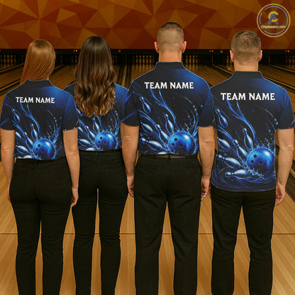 Blue Watering Bowling Ball & Pins Jerseys For Women Custom Splatter Bowling Shirt Team Attire NYN3181