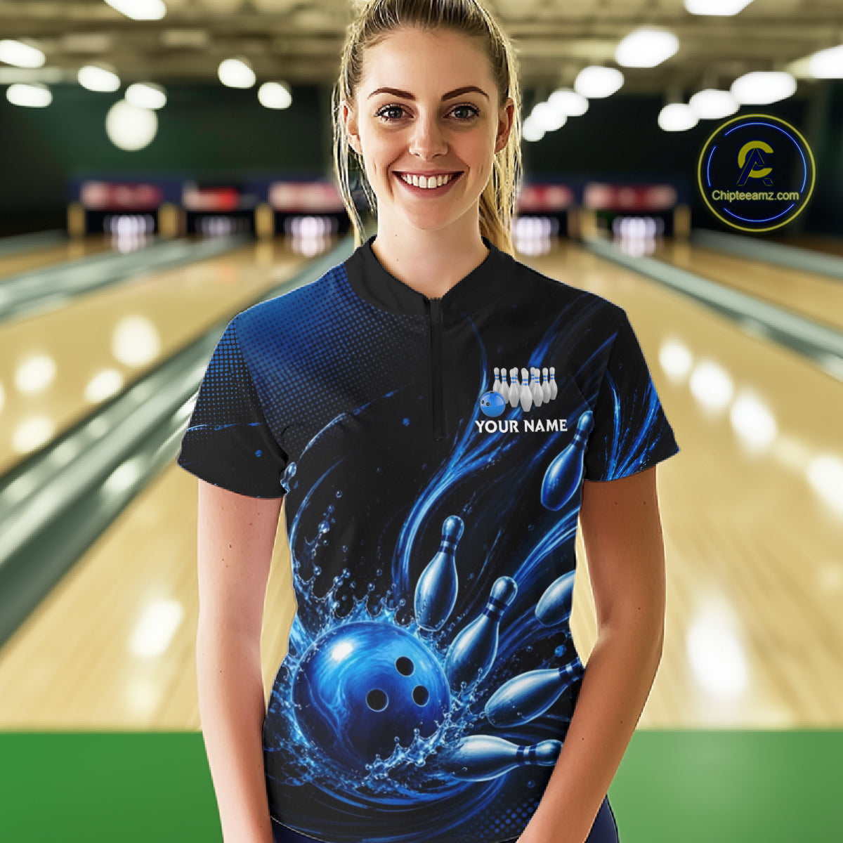 Blue Watering Bowling Ball & Pins Jerseys For Women Custom Splatter Bowling Shirt Team Attire NYN3181