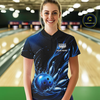 Blue Watering Bowling Ball & Pins Jerseys For Women Custom Splatter Bowling Shirt Team Attire NYN3181