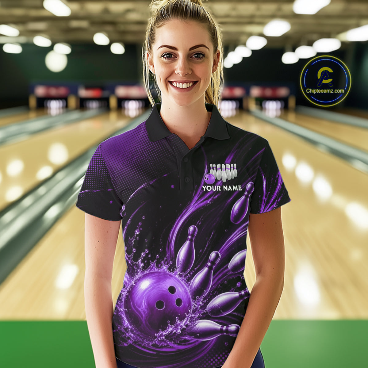 Purple Watering Bowling Ball & Pins Jerseys For Women Custom Splatter Bowling Shirt Team Attire NYN3182
