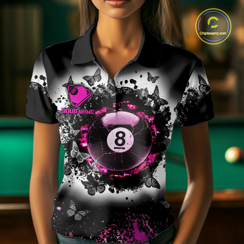 Black, White & Pink Billiard 8 Ball Pool Shirt For Women Custom Butterfly Grunge Team Billiard Jersey NYN3438