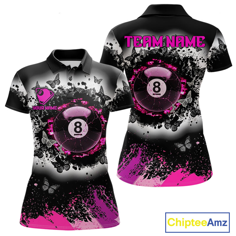 Black white pink billiard 8 ball pool shirt for women butterfly grunge billiard jersey