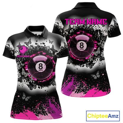 Black white pink billiard 8 ball pool shirt for women butterfly grunge billiard jersey