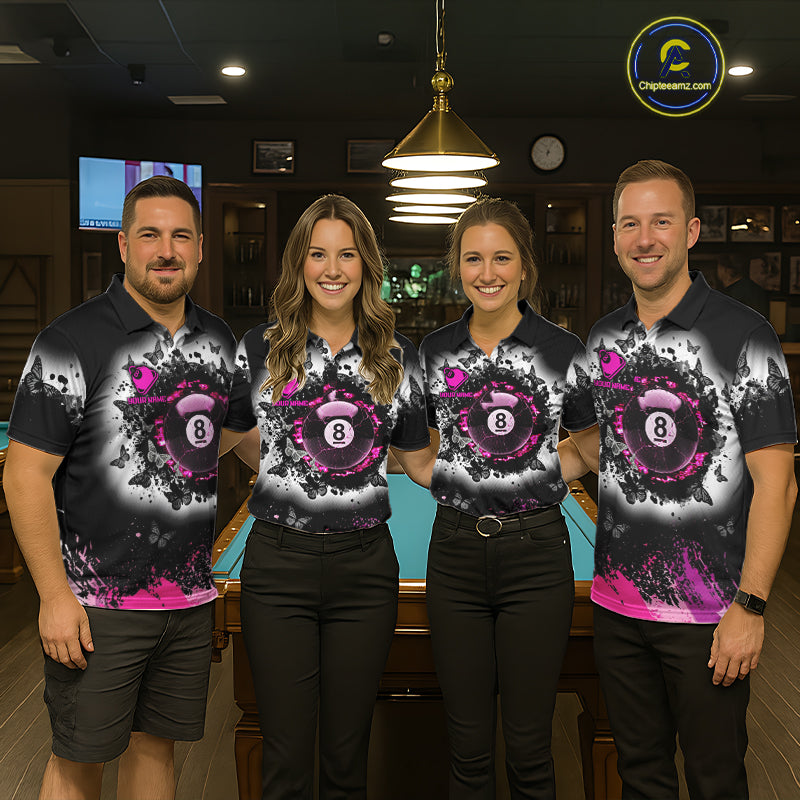 Black, White & Pink Billiard 8 Ball Pool Shirt For Men Custom Butterfly Grunge Team Billiard Jersey NYN3438