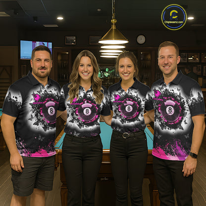 Black, White & Pink Billiard 8 Ball Pool Shirt For Men Custom Butterfly Grunge Team Billiard Jersey NYN3438