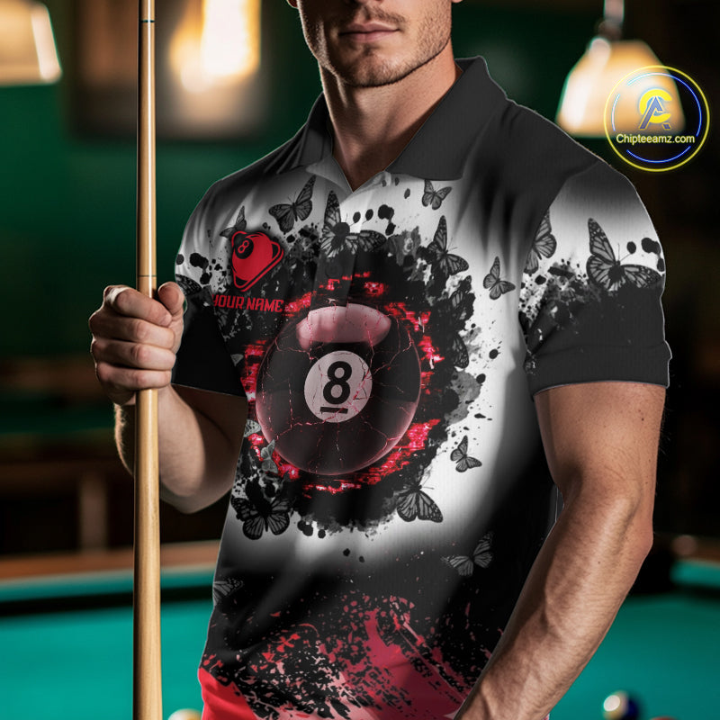 Black, White & Red Billiard 8 Ball Pool Shirt For Men Custom Butterfly Grunge Team Billiard Jersey NYN3439