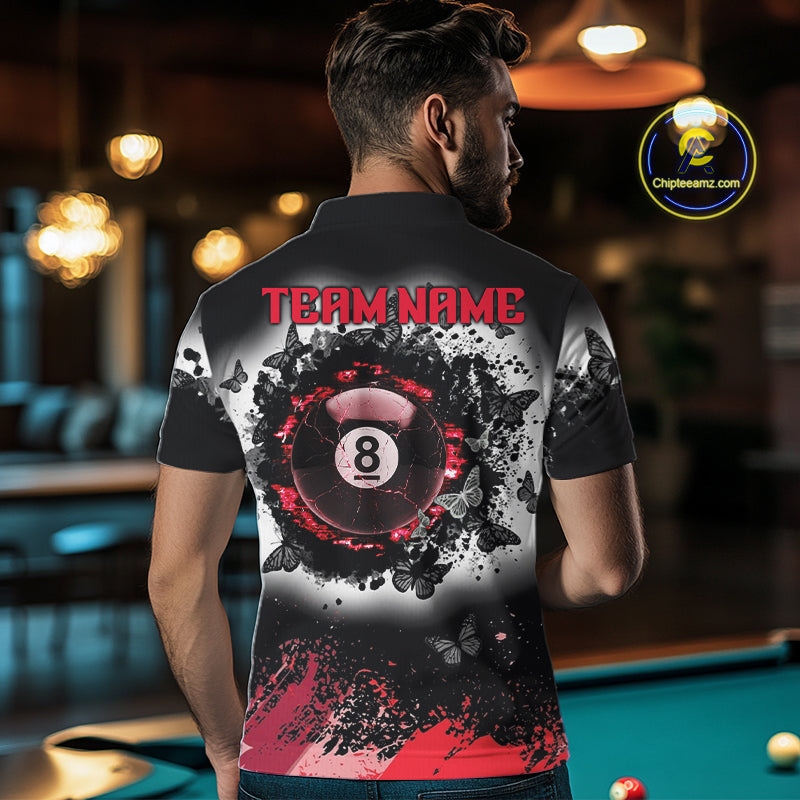 Black, White & Red Billiard 8 Ball Pool Shirt For Men Custom Butterfly Grunge Team Billiard Jersey NYN3439