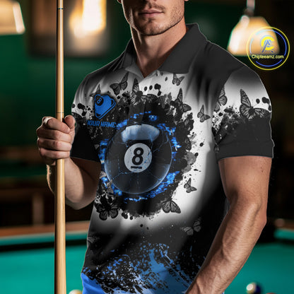 Black, White & Blue Billiard 8 Ball Pool Shirt For Men Custom Butterfly Grunge Team Billiard Jersey NYN3440