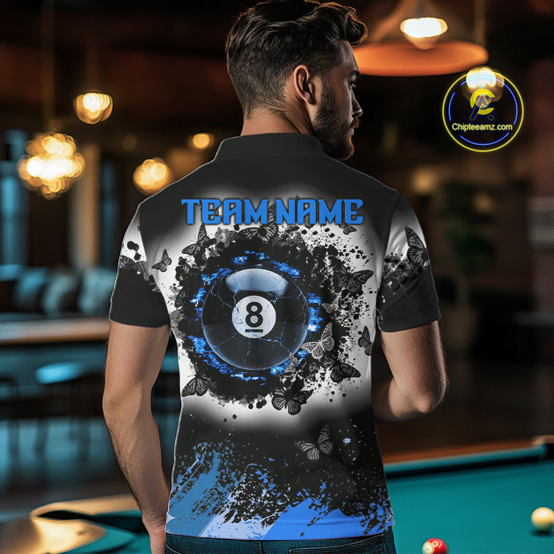 Black, White & Blue Billiard 8 Ball Pool Shirt For Men Custom Butterfly Grunge Team Billiard Jersey NYN3440