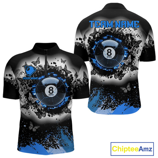 Black white blue billiard 8 ball pool shirt for men butterfly grunge billiard jersey