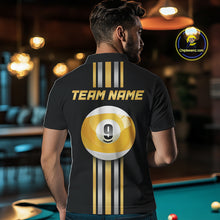 Load image into Gallery viewer, Male model wearing Black &amp; Gold 9 Ball billiard polo, personalized cue sports jersey, custom pool tournament apparel, league championship uniform, premium athletic clothing