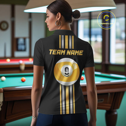 Female model wearing Black & Gold 9 Ball women's billiard polo, custom league tournament jersey, personalized cue sports apparel, championship performance clothing
