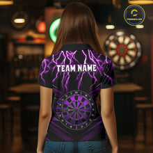 Load image into Gallery viewer, Female model wearing Thunder Lightning purple custom darts polo with personalized name
