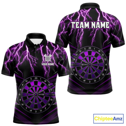Thunder Lightning Men's Custom Darts Polo Shirt Mockup, Purple Dartboard Tournament Jersey, Personalized Dart Team Uniform, Professional Dart League Apparel