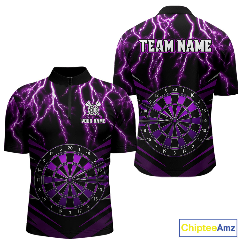 Thunder Lightning Men's Quarter-Zip Darts Jersey Mockup, Purple Dartboard Professional Tournament Shirt, Custom Dart League Uniform