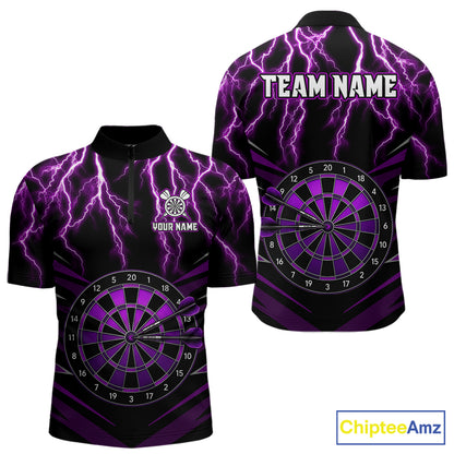 Thunder Lightning Men's Quarter-Zip Darts Jersey Mockup, Purple Dartboard Professional Tournament Shirt, Custom Dart League Uniform
