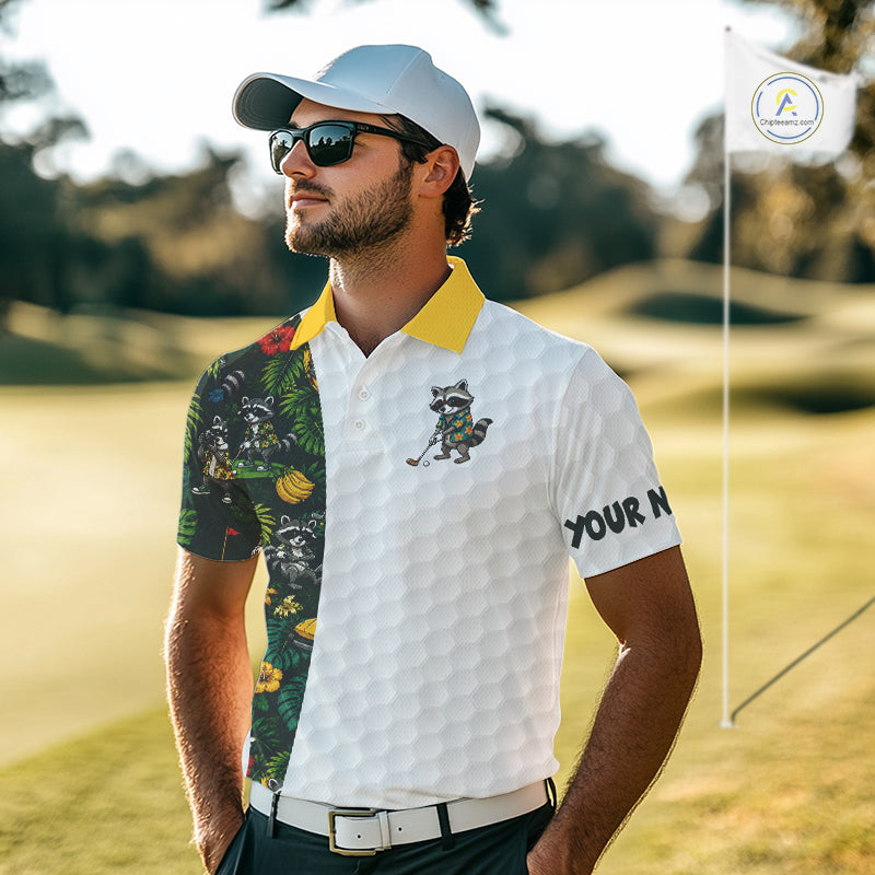 Custom Raccoon Golfer Golf Ball Team Attire Tropical Monstera Golf Polo Golf Shirts For Men NYN3991