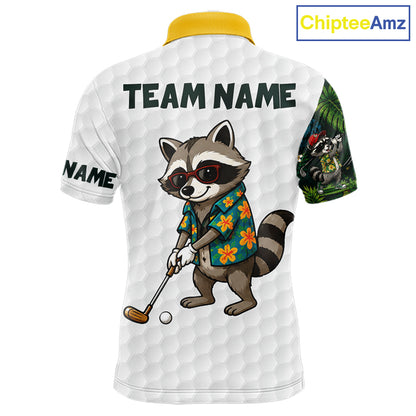 Custom Raccoon Golfer Golf Ball Team Attire Tropical Monstera Golf Polo Golf Shirts For Men NYN3991