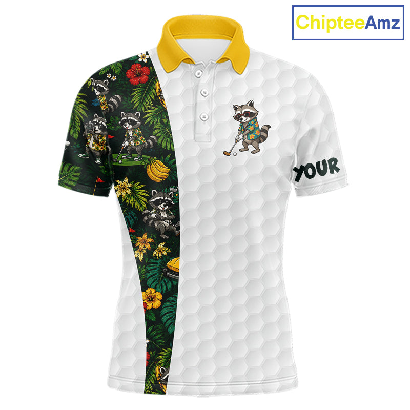 Custom Raccoon Golfer Golf Ball Team Attire Tropical Monstera Golf Polo Golf Shirts For Men NYN3991