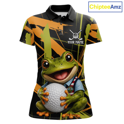Womens Funny Cute Frog Women Golf Polo Shirts Custom Yellow & Green Brush Golf Team Outfit, Golf Gifts NYN3999