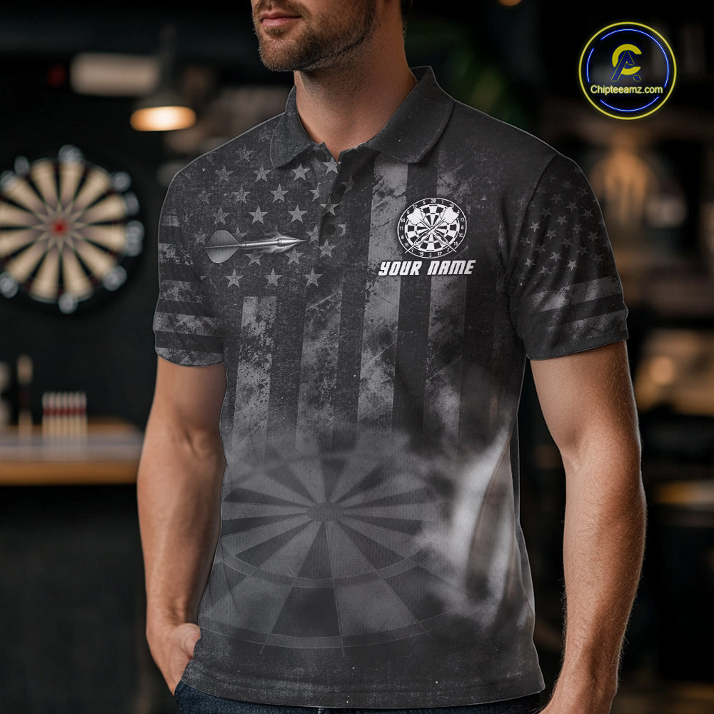 Black Smokes Darts Polo Quarter-Zip Shirts For Men Custom US Flag Patriotic Dart Team Tournament Jersey NYN4372