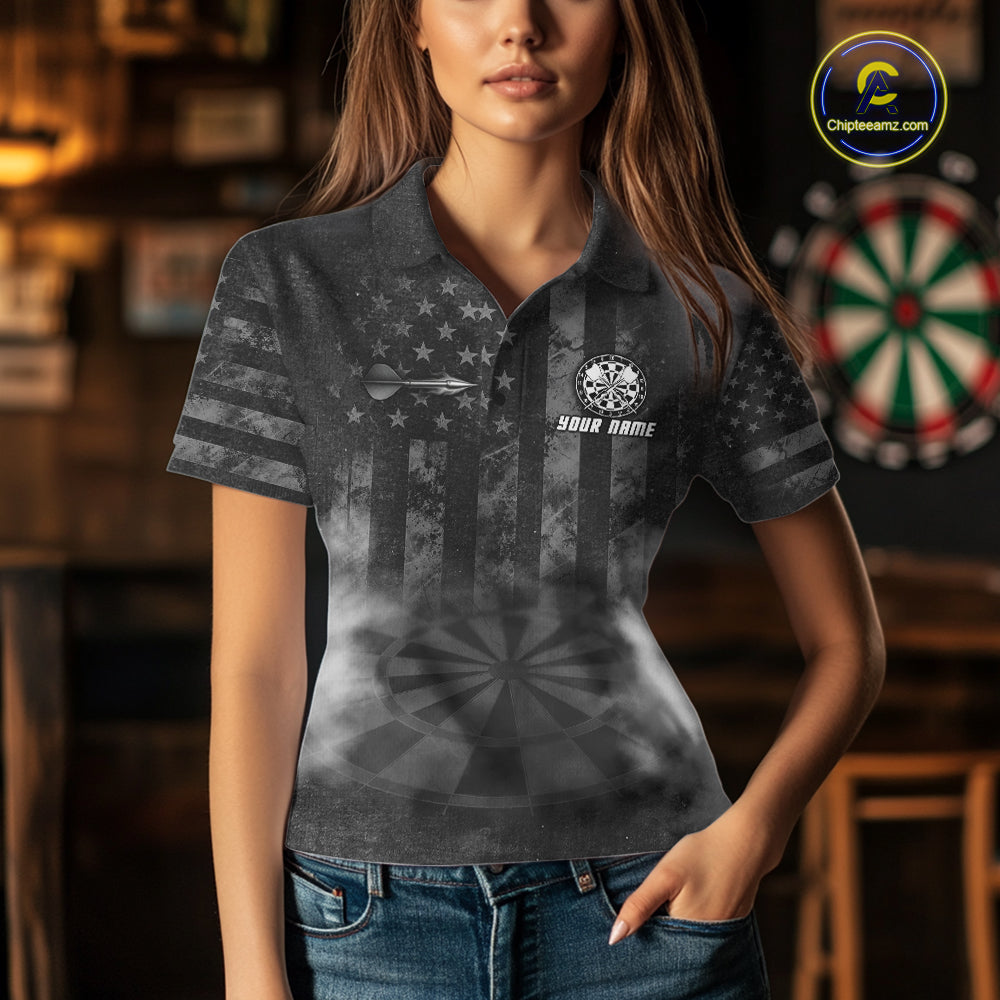 Black Smokes Darts Polo Quarter-Zip Shirts For Women Custom US Flag Patriotic Dart Team Tournament Jersey NYN4372