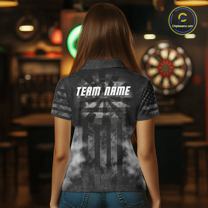 Black Smokes Darts Polo Quarter-Zip Shirts For Women Custom US Flag Patriotic Dart Team Tournament Jersey NYN4372