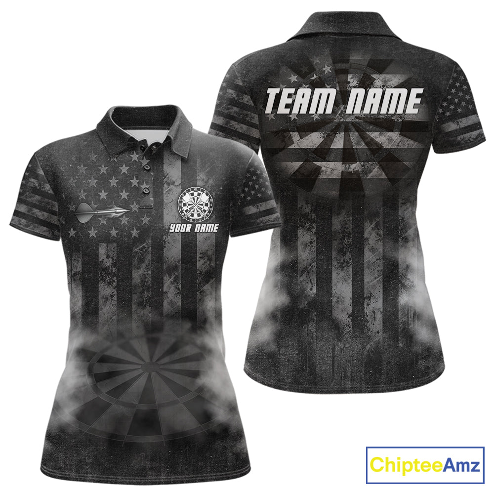 Black Smokes Darts Polo Quarter-Zip Shirts For Women Custom US Flag Patriotic Dart Team Tournament Jersey NYN4372