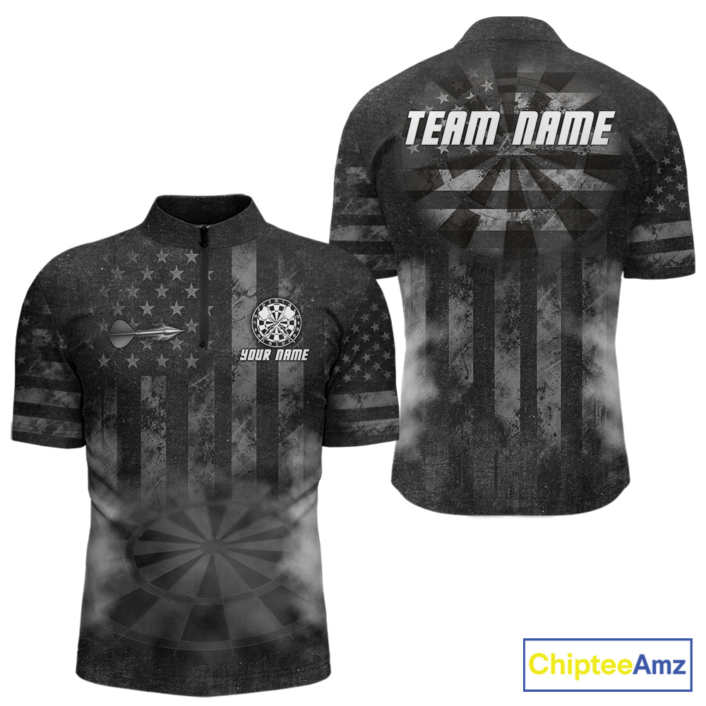 Black Smokes Darts Polo Quarter-Zip Shirts For Men Custom US Flag Patriotic Dart Team Tournament Jersey NYN4372